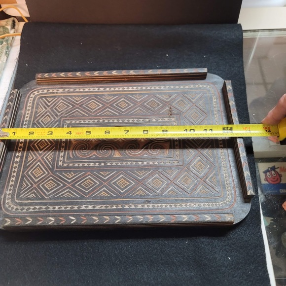 Hand carved wood serving tray serving platter Ethnic carvings geometric design - Picture 6 of 6